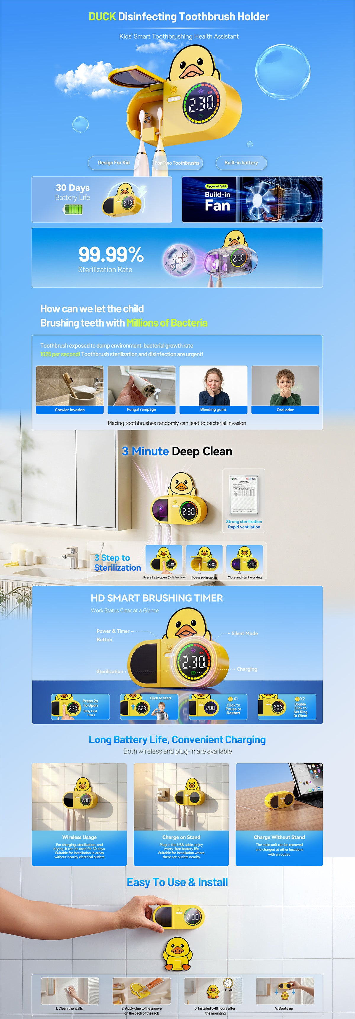 Classic Yellow Duck UV Toothbrush Holder features