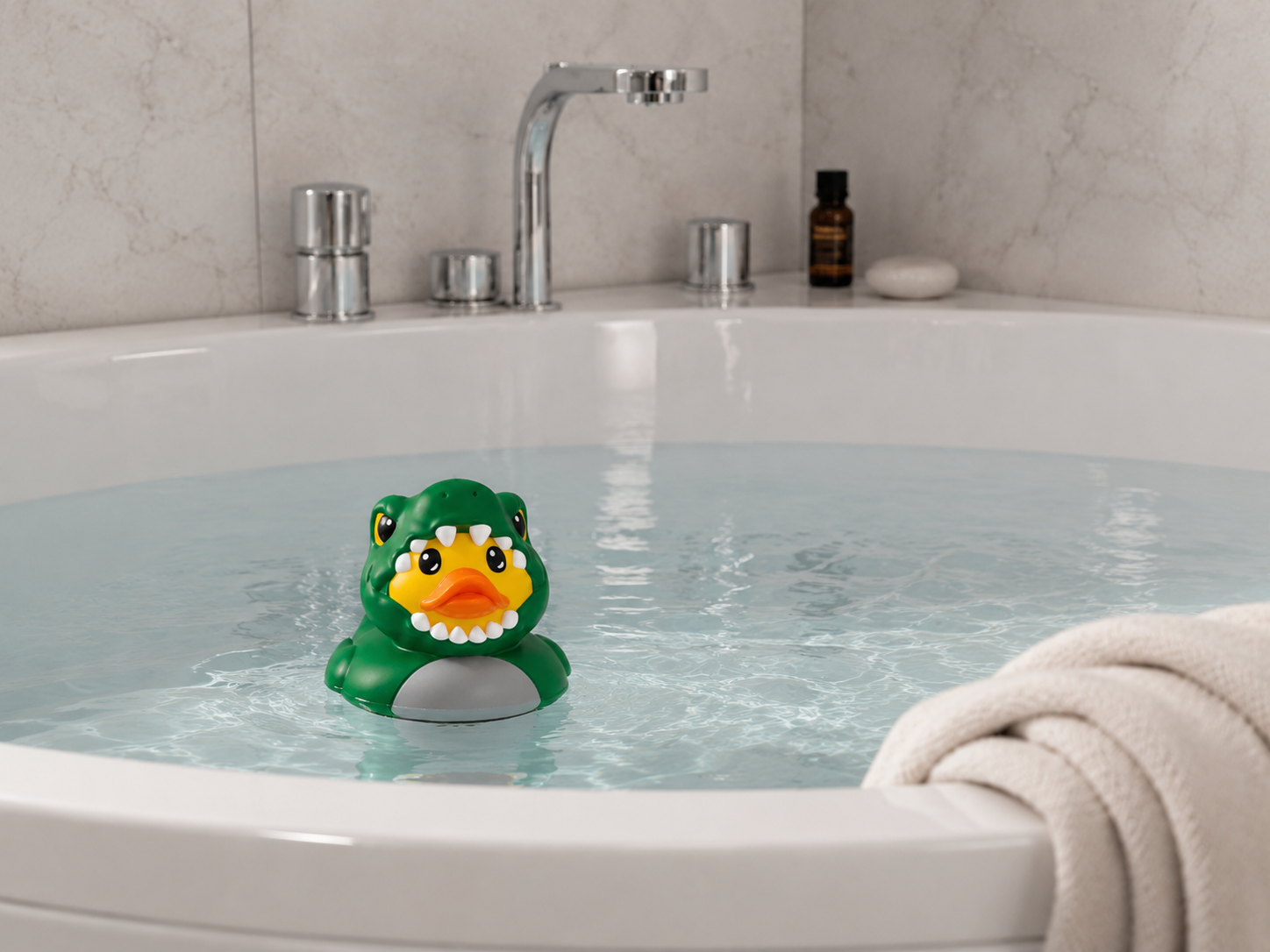 WeddleUp crocodile duck bath toy in a bathtub