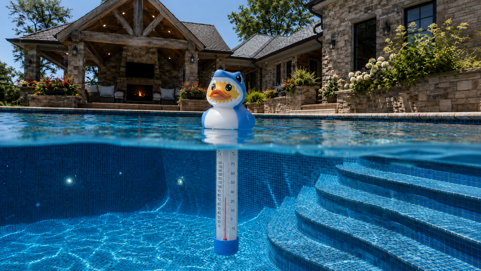 WeddleUp shark duck pool thermometer in a backyard pool